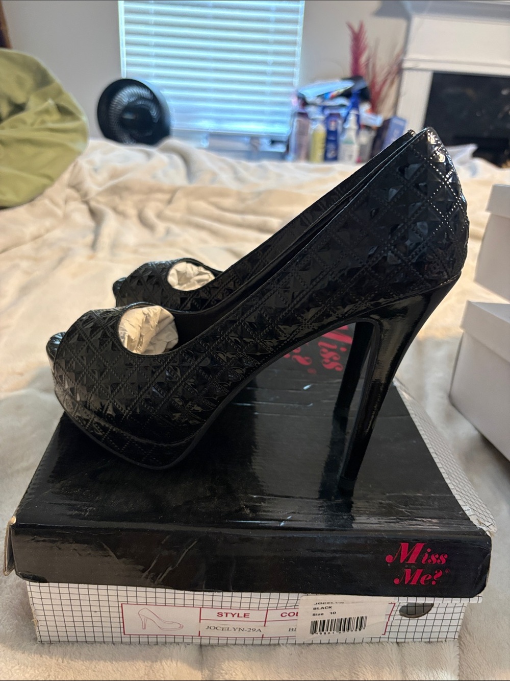 Miss Me Black Quilted Patent Peep-Toe Stiletto Heels
